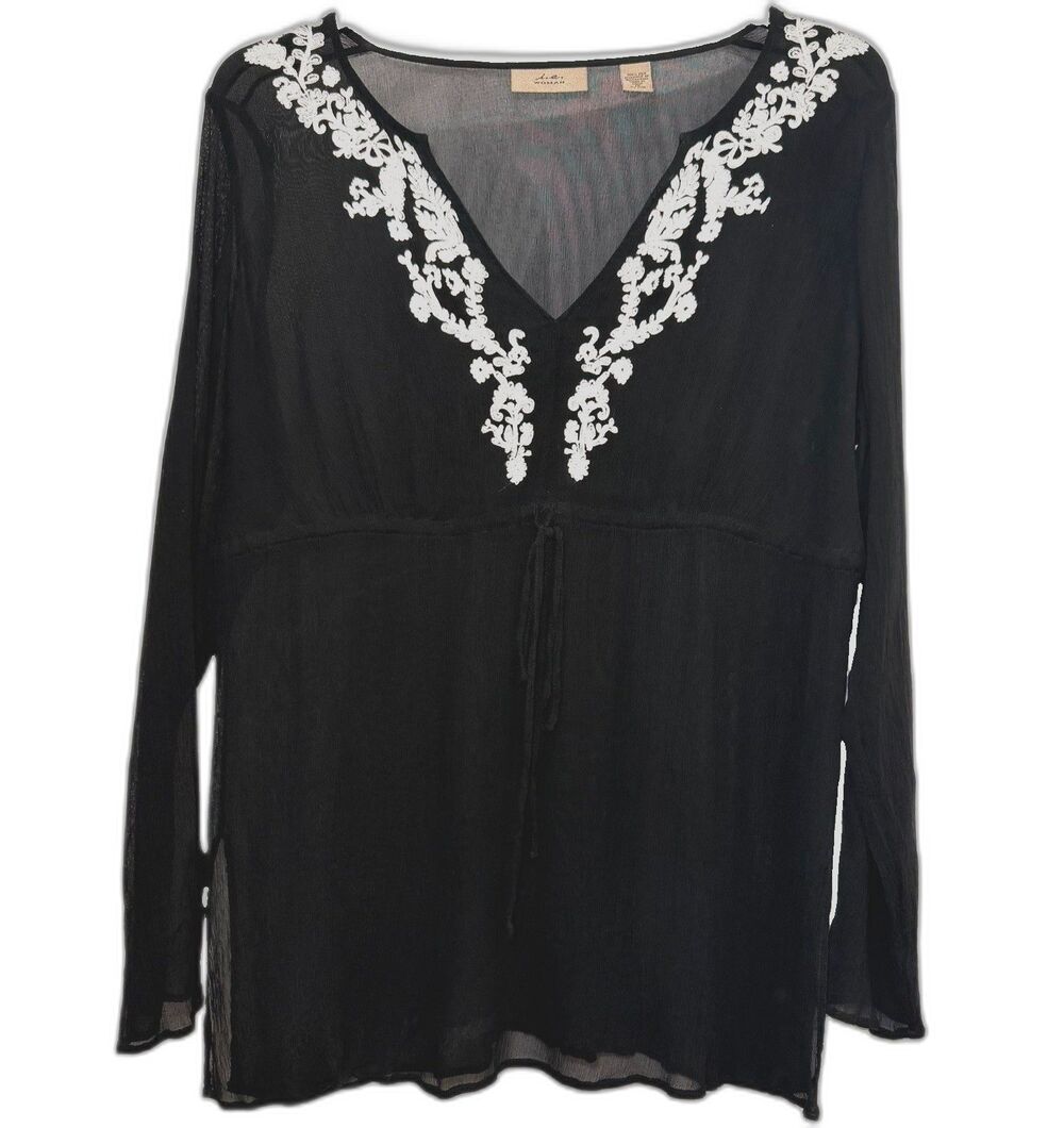 I.E. Woman 1X 100% Silk Y2K Boho Embroidered Sheer Tunic Peasant Top Black